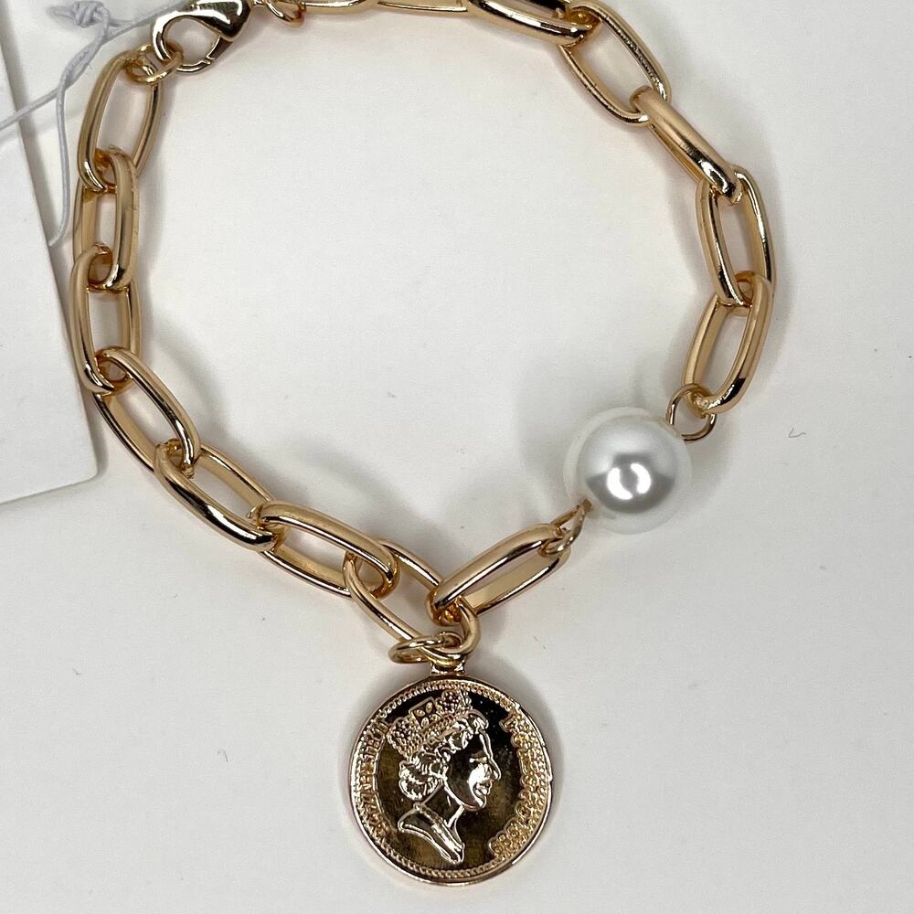 Ettika Gold Chunky Link Pearl Coin Charm Bracelet NWT Revolve Gift Boho Chic